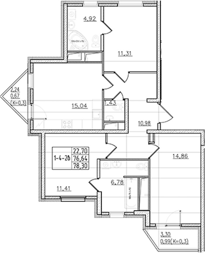 3-комнатная квартира 78.3 м², 10/19 эт., ЖК «Мурино Клаб»